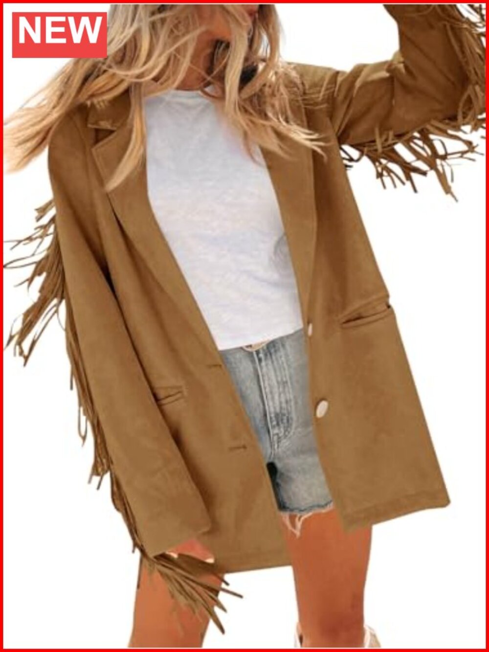 Faux Suede Fringe Blazer Jacket Long Sleeve Button Front Cowgirl Style